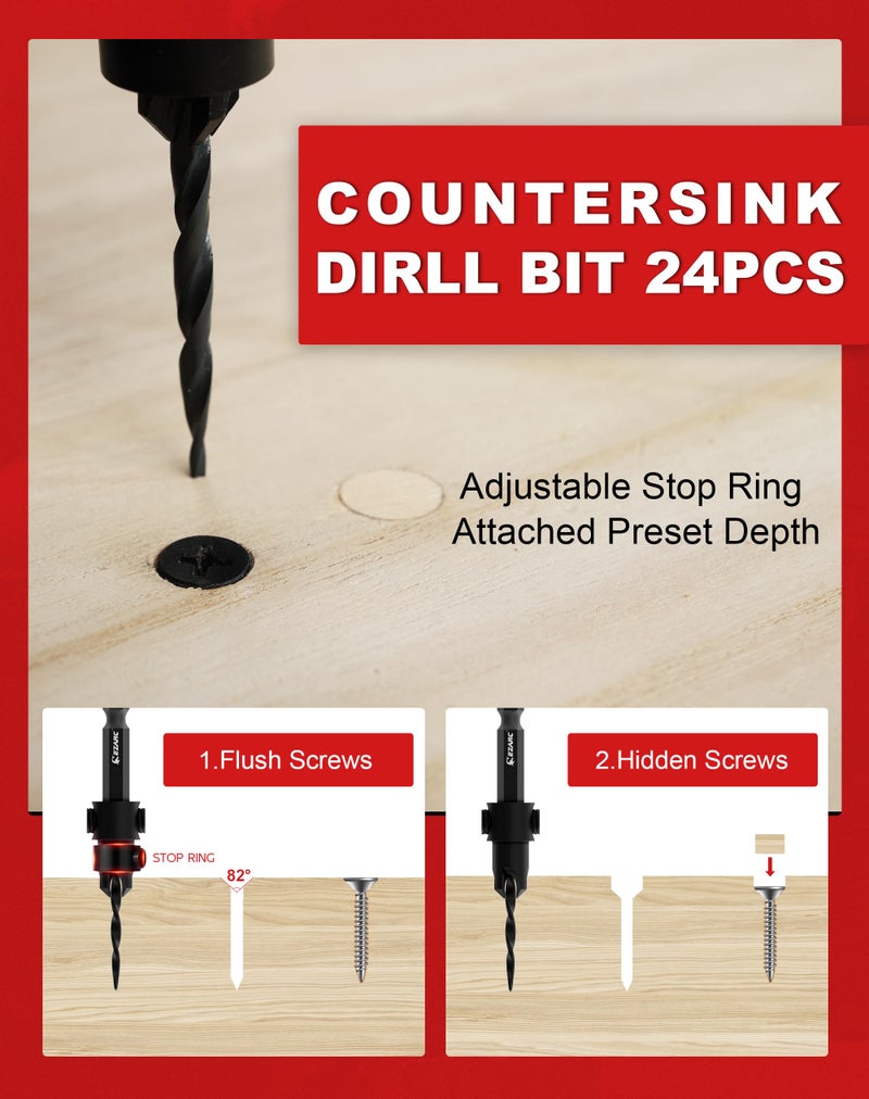 EZARC Countersink Drill Bit Set  24 PCS Tapered Drill Bits Counter Sink Drill Bit with 6PCS Wooden Sticks 1/4"" Hex Shank Quick Change for Woodworking with Storage Box - Image 2